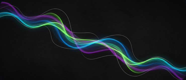 Flowing aurora-wave artwork in glacial blue and twilight indigo tones, illustrating the Nimbus dynamic color spectrum