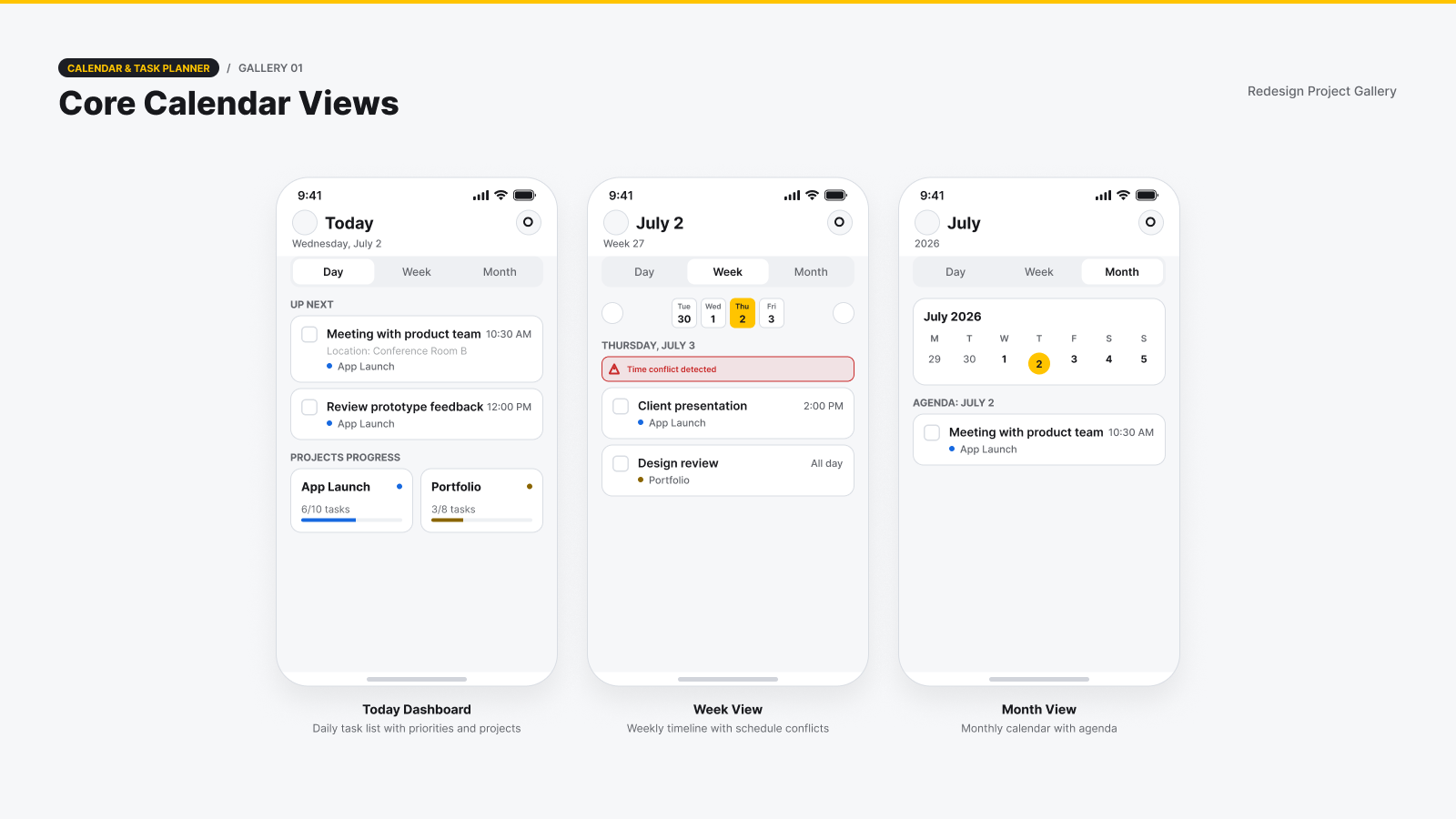 Composite view of the Today dashboard, week view, and month view screens