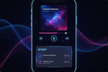 Phone mockup showing an immersive music player with abstract nebula album art for the track Cosmic Echoes, and an up-next queue panel.