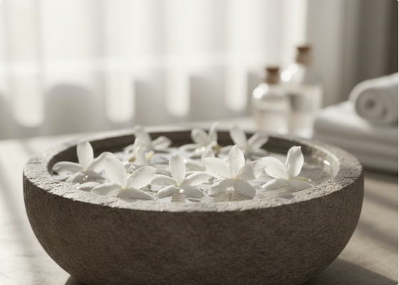 Editorial still life of jasmine blossoms and Madagascar vanilla pods beside the fragrance bottle
