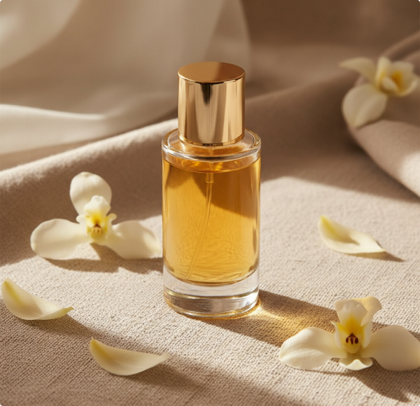 White Floral and Warm Vanilla eau de parfum bottle styled with soft botanical shadows