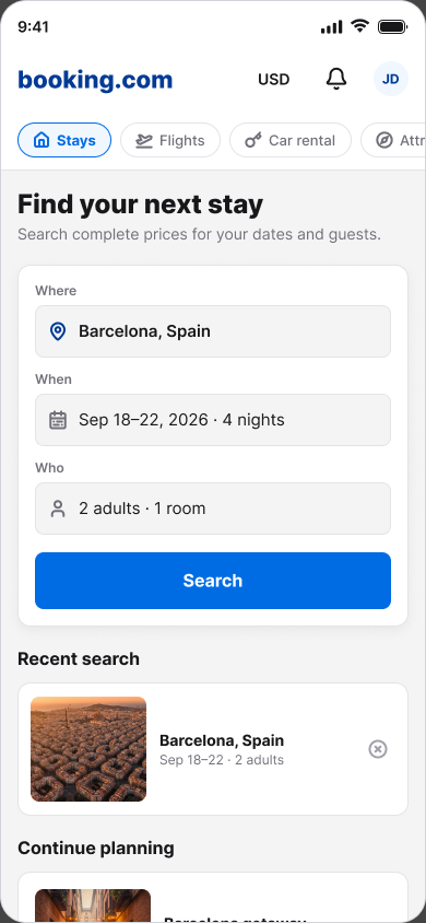 Mobile home screen with search entry point
