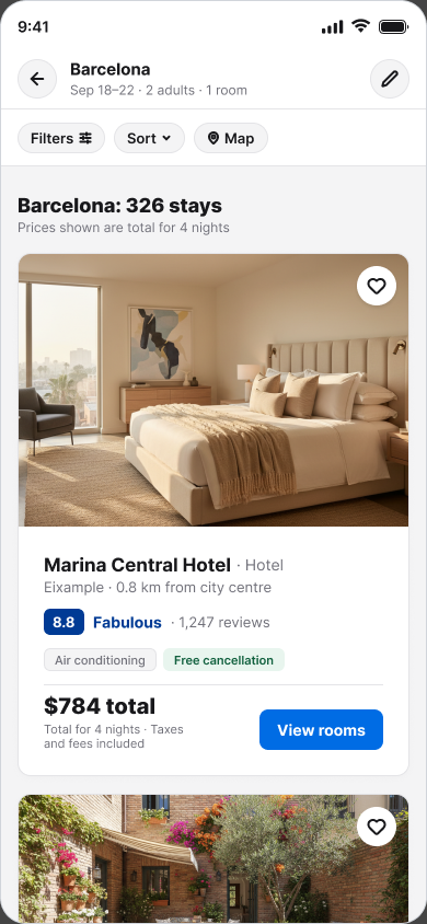 Search results list showing total trip price per property