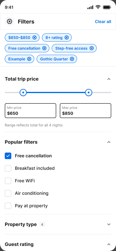 Search results with filters applied