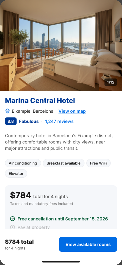 Property details screen with price breakdown and amenities