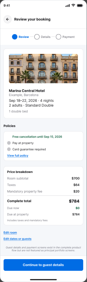 Booking review screen with full price breakdown before payment