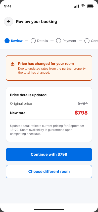 Supporting state: price-change notification with a clear choice for the traveler