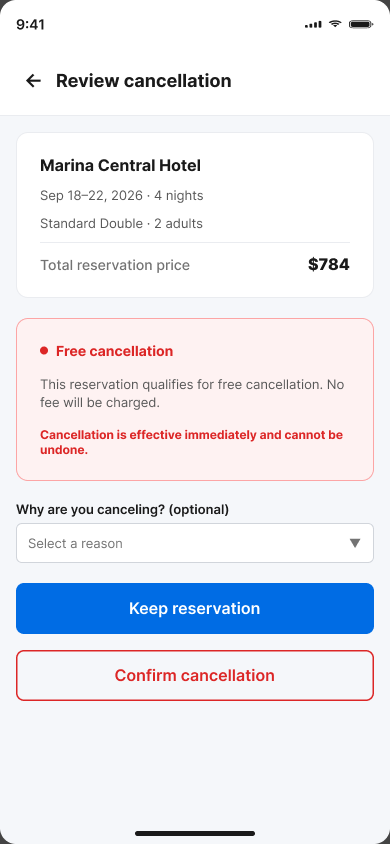 Supporting state: cancellation review before confirming