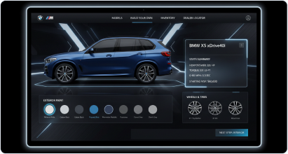 Dark desktop configurator concept showing the X5 side profile with color swatches and a spec panel