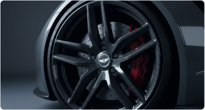 Close-up wheel and brake-caliper detail photo, part of the desktop visual showcase gallery concept