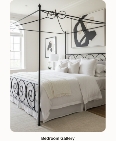 Hi-fi mobile mockup of the Williams-Sonoma Bedroom Gallery — a browsable grid of bedroom furniture collections