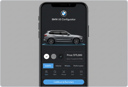 Mobile configuration-path concept showing a silver X5 exterior, color swatches, and a price readout
