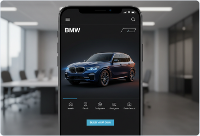 Mobile homepage concept with BMW wordmark over a blurred interior background