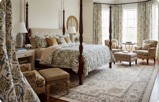 Hi-fi tablet mockup of the Williams-Sonoma bedroom collection — canopy bed scene with clean overlaid calls-to-action