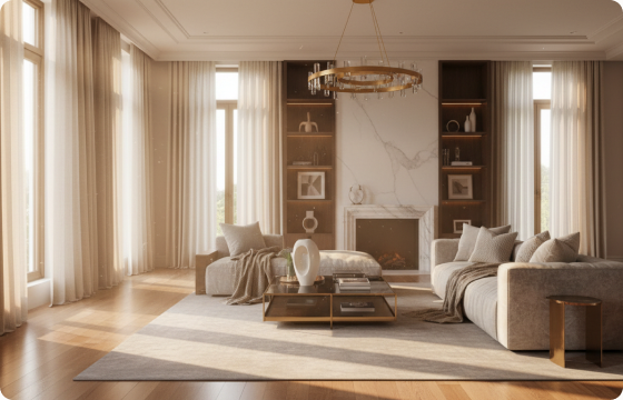 Hi-fi tablet mockup of the Williams-Sonoma living room collection — editorial layout with a large lifestyle photograph