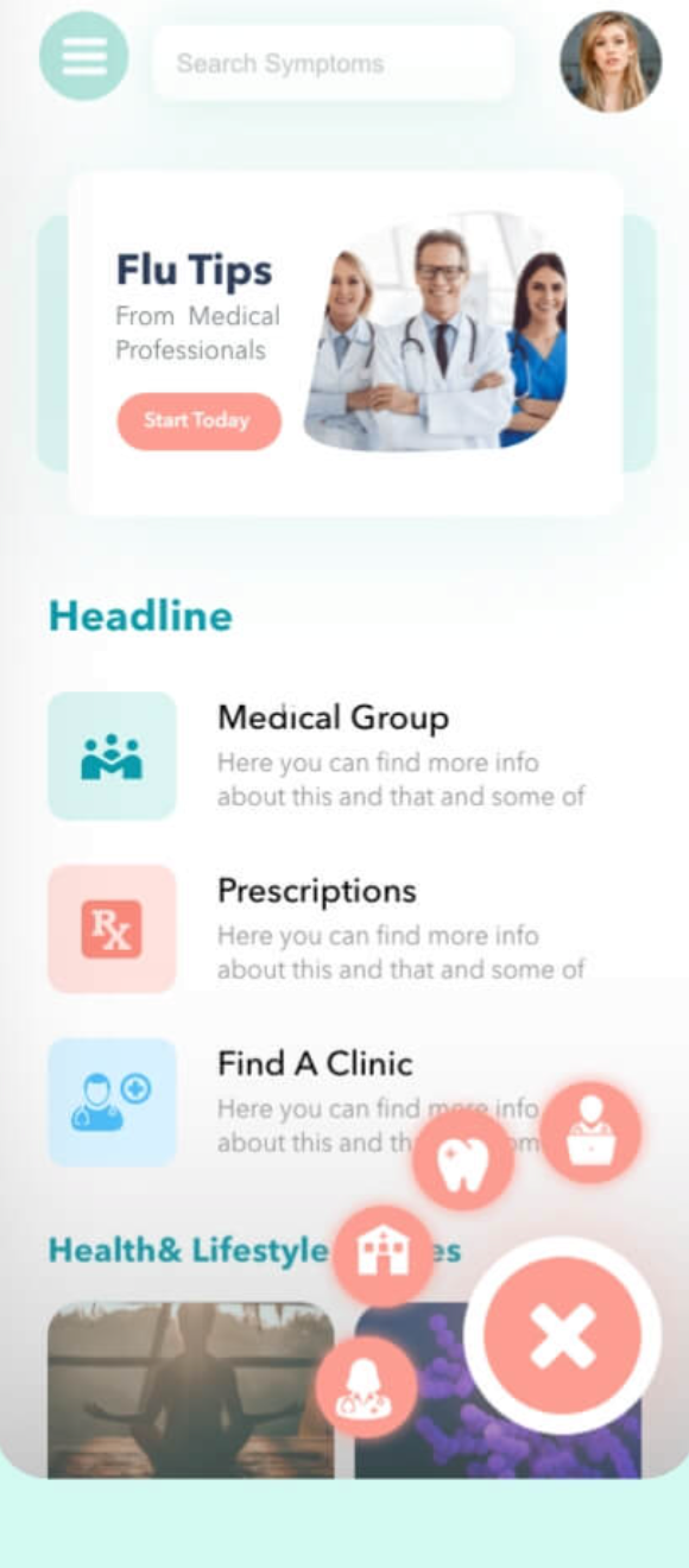 High-fidelity landing screen with the action menu expanded