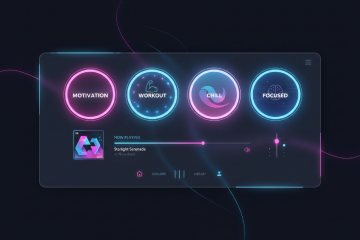 Dark mood-selector UI preview with glowing circular mood tags over an ambient background.