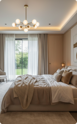 Warmly lit bedroom scene with layered neutral bedding and wood furniture — moodboard reference for the Williams-Sonoma redesign