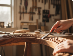 Craftsman's hands stitching leather upholstery — moodboard reference for artisanal quality
