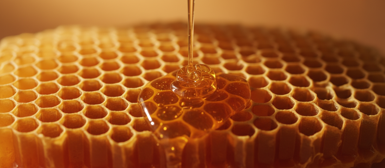 Macro photo of golden honey dripping onto a natural beeswax honeycomb, showing the warm amber tones behind WordHive's visual identity