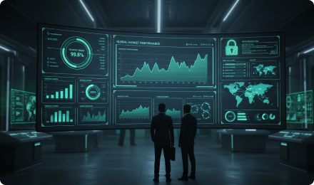 A trading-floor data wall glowing with charts, with two silhouetted figures studying the screens — visual inspiration for State Bank's data-dense interface tone