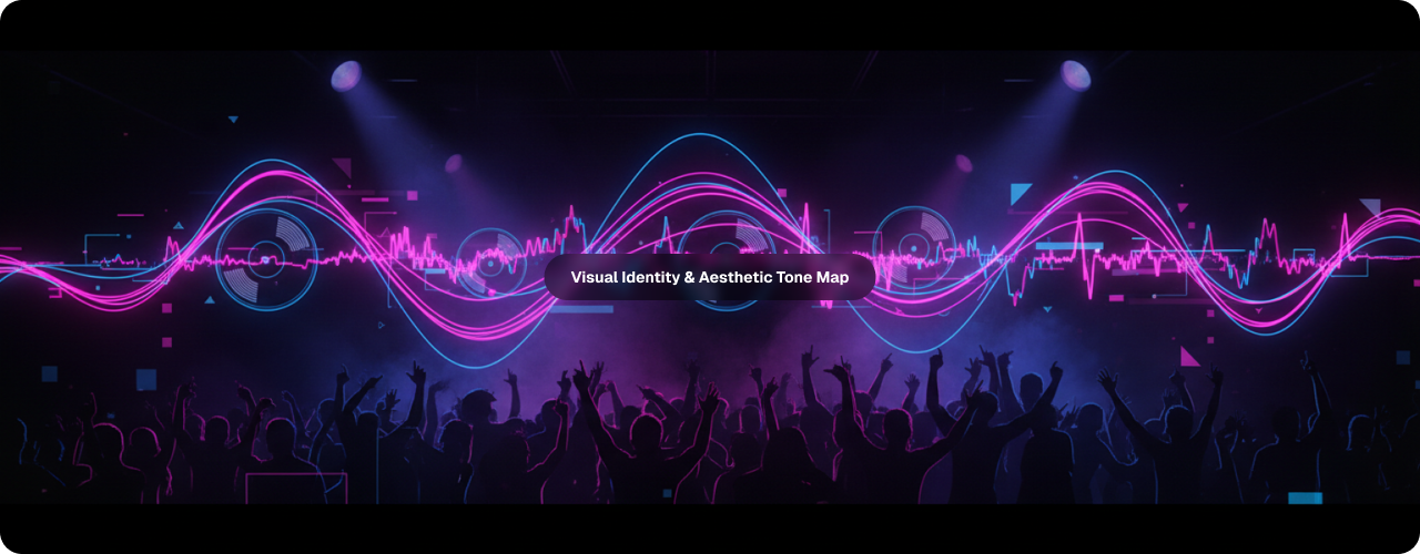 Beat Music mobile app design case study thumbnail — nightclub crowd with neon soundwave overlay