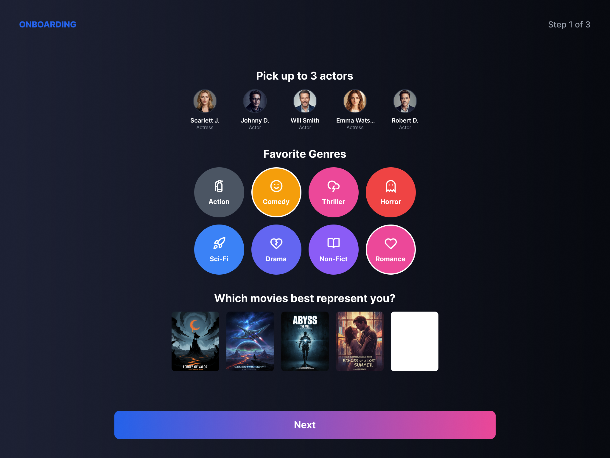 Onboarding flow with progressive preference selection across actors, genres, and titles