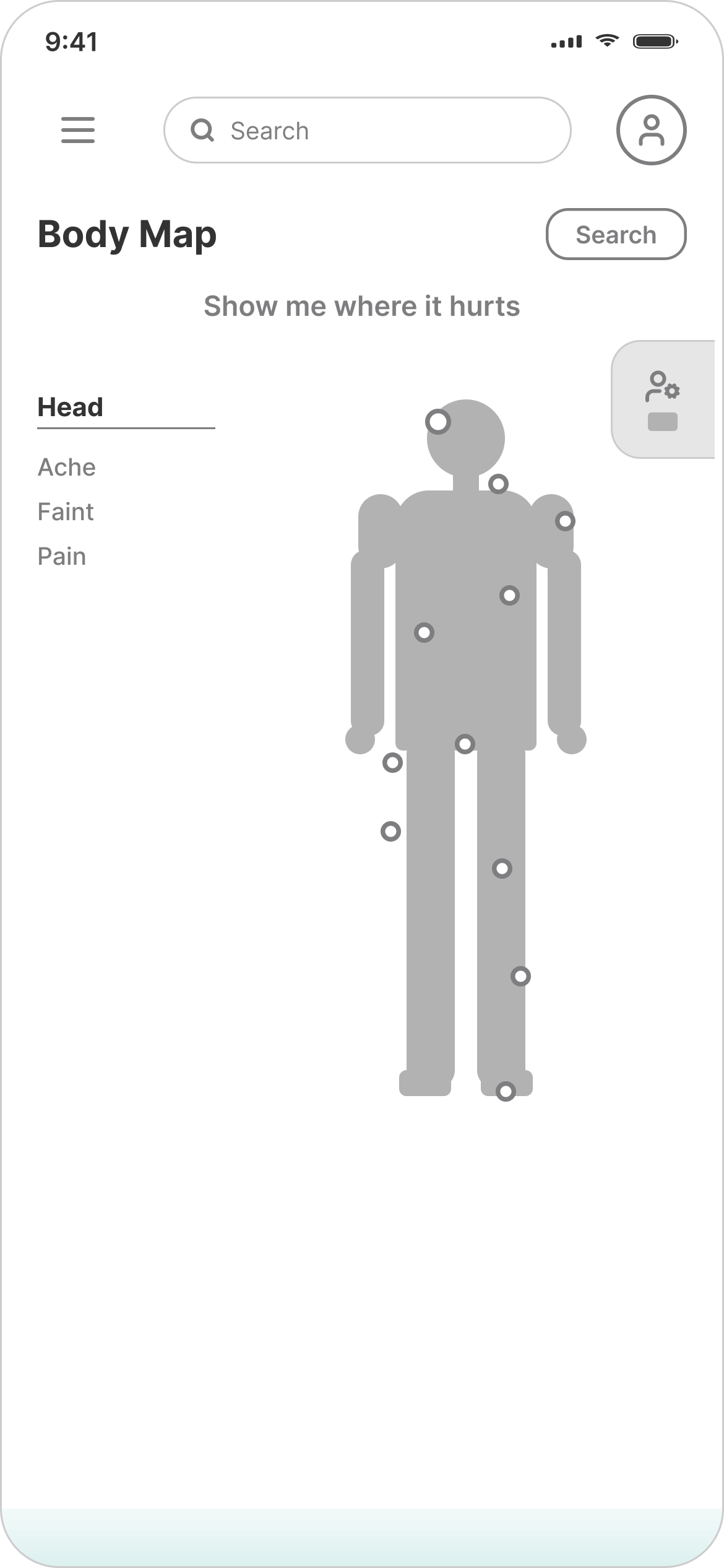 Low-fidelity wireframe of the body-map symptom selector, reconstructed from the original 2021 project