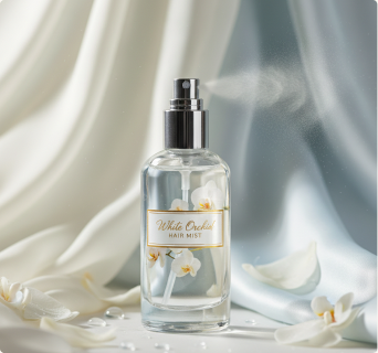 White Orchid hair mist bottle photographed against a cream background
