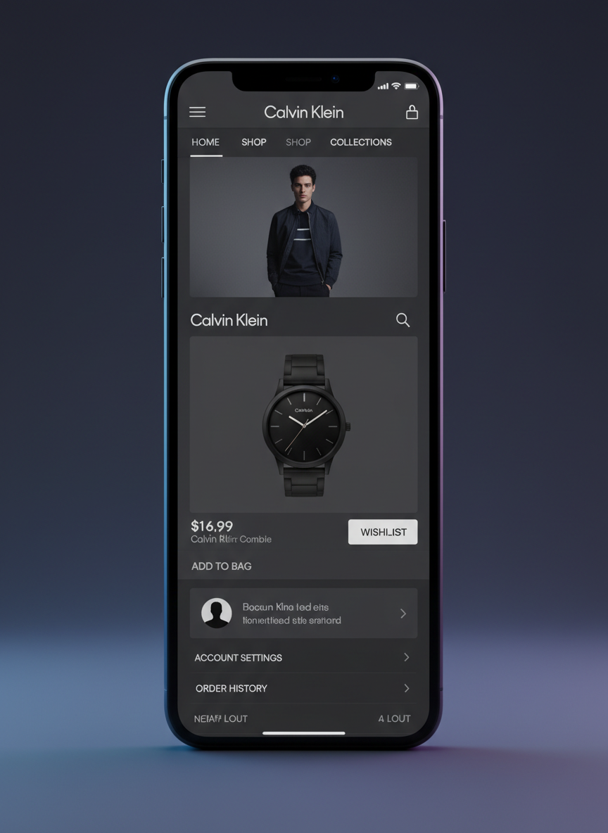 Phone displaying a Calvin Klein product page for a watch, demonstrating the mobile breakpoint