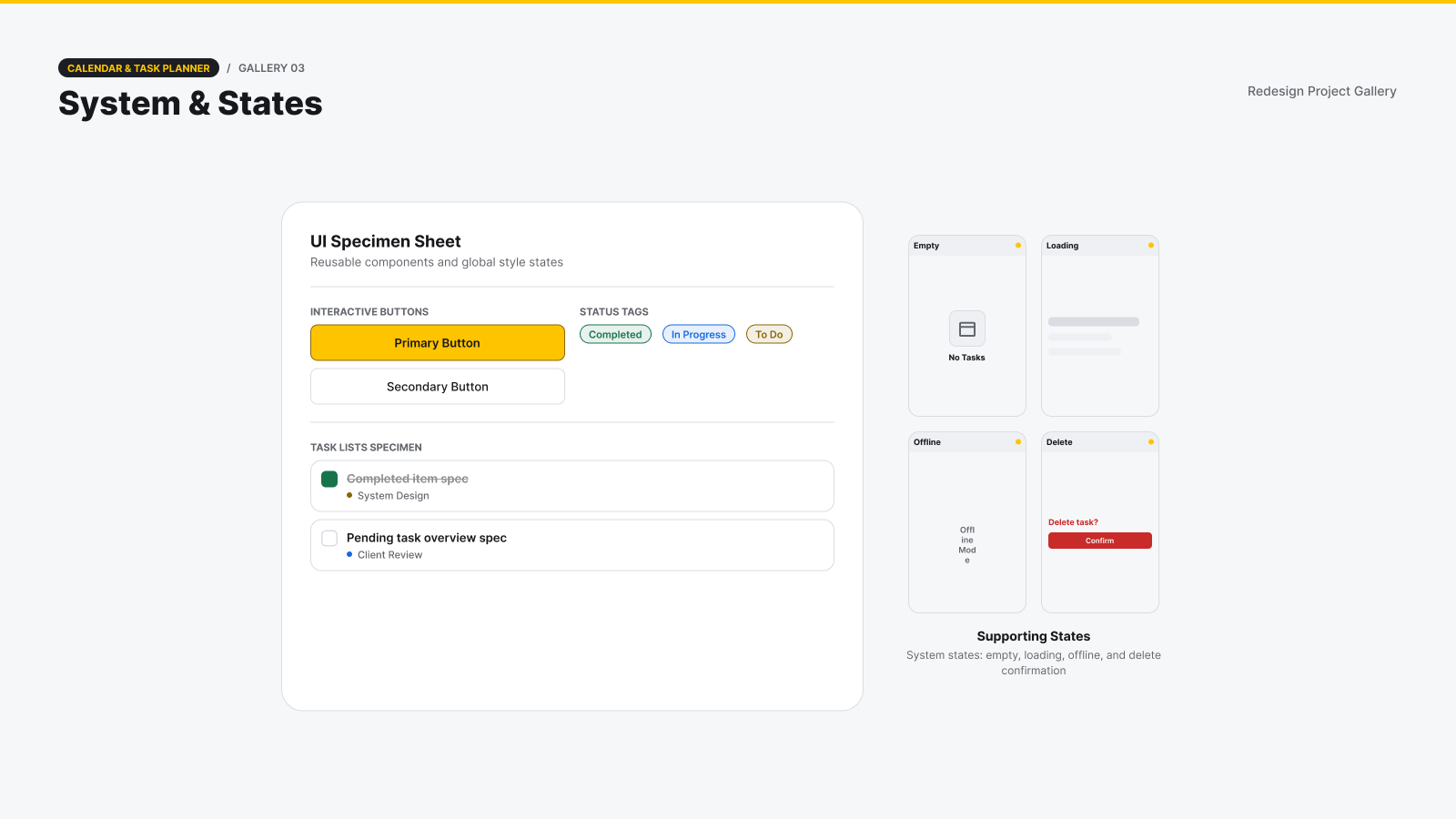Composite view of supporting system states including empty schedule, conflict, overdue task, loading, offline, validation, delete confirmation, and no-results screens