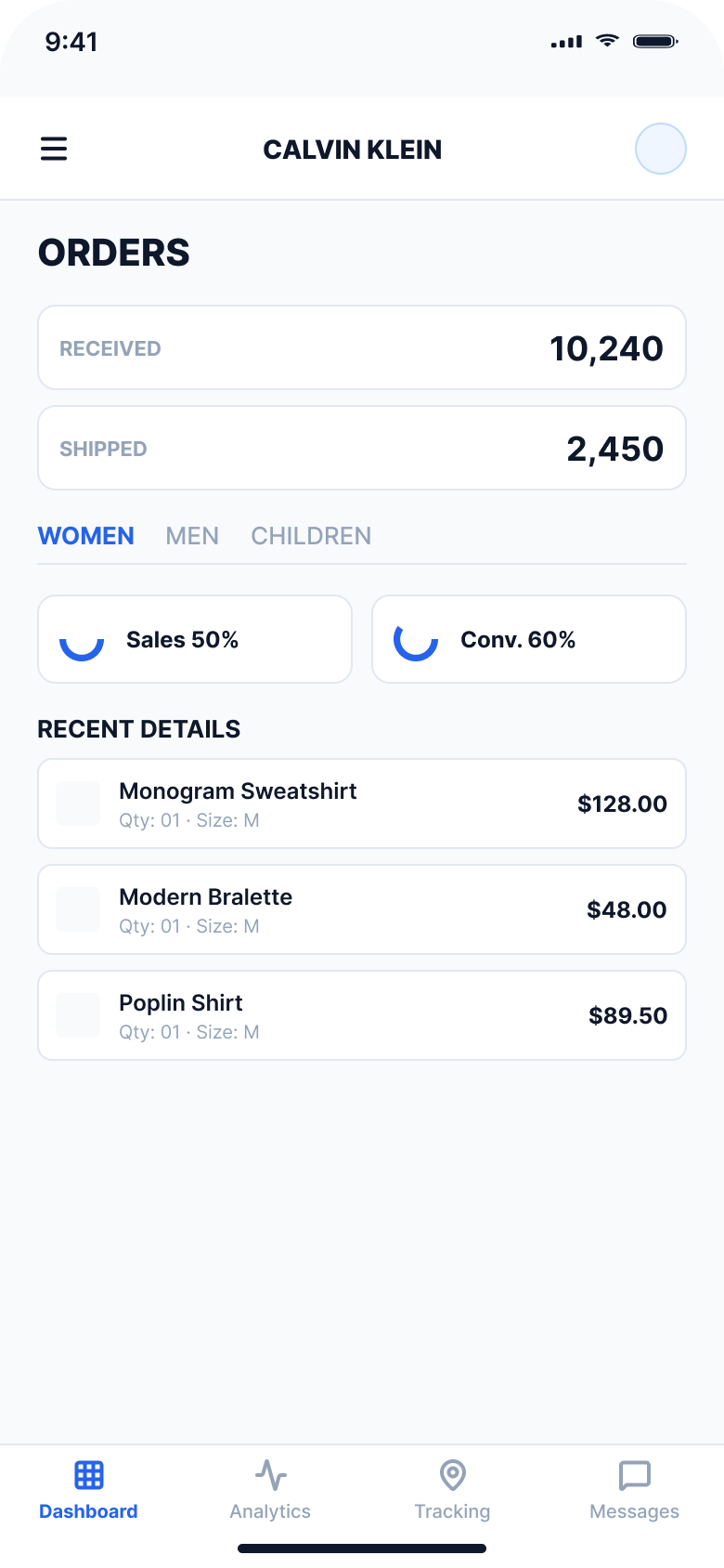 Mid-fidelity Calvin Klein Orders dashboard concept, mobile, with placeholder data and layout hierarchy
