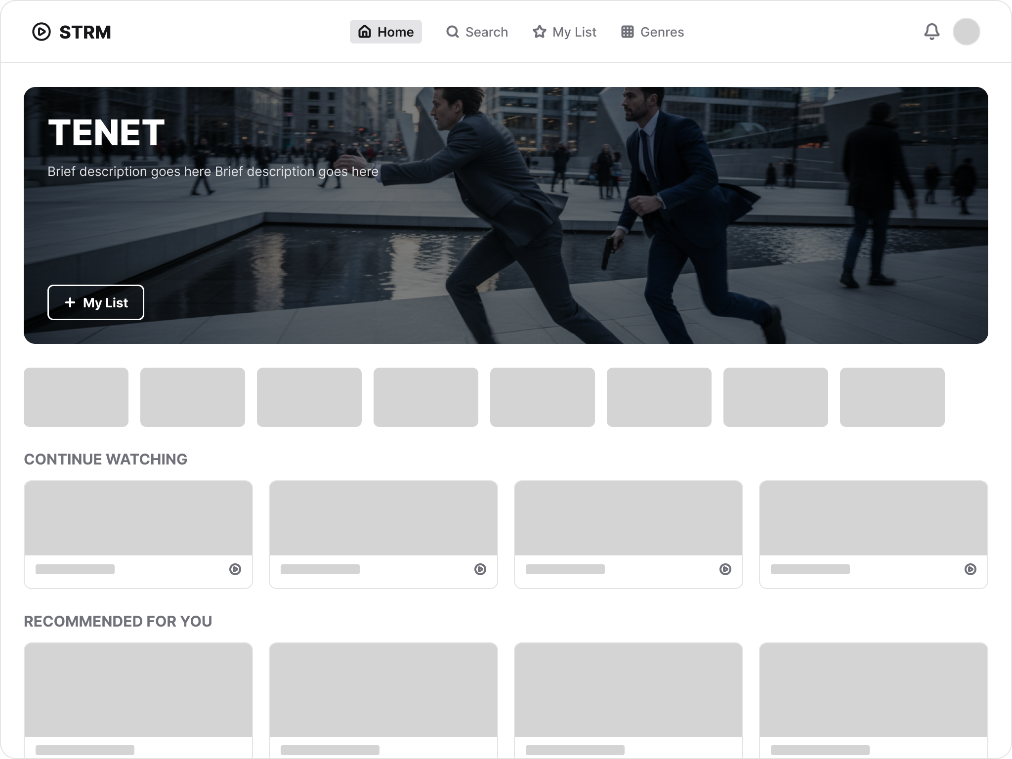 Landing page wireframe showing hero zone and horizontally scrolling content rows