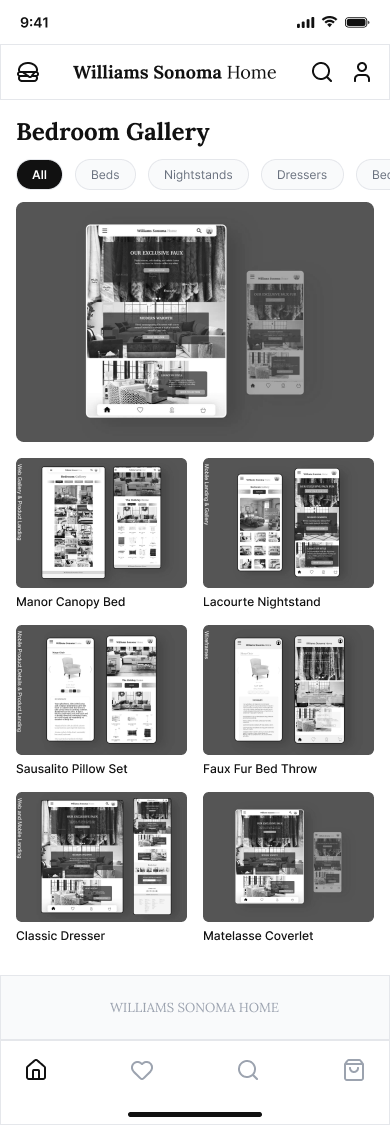 Lo-fi wireframe of the Williams-Sonoma Bedroom Gallery browse screen — room category tabs above a product listing grid