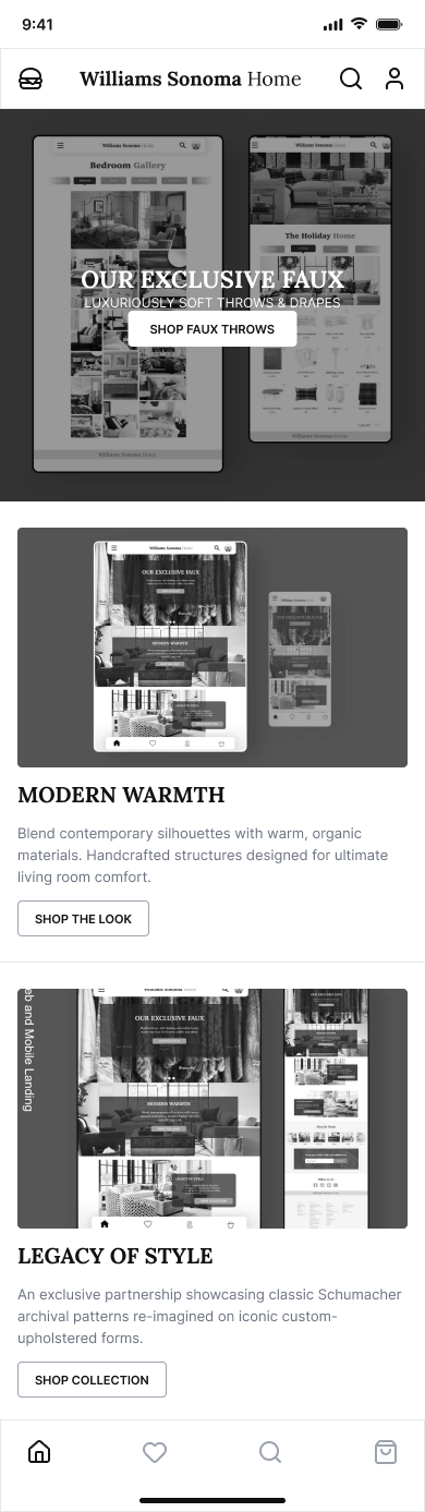 Lo-fi wireframe of the Williams-Sonoma editorial landing page — hero section, Modern Warmth and Legacy of Style content blocks